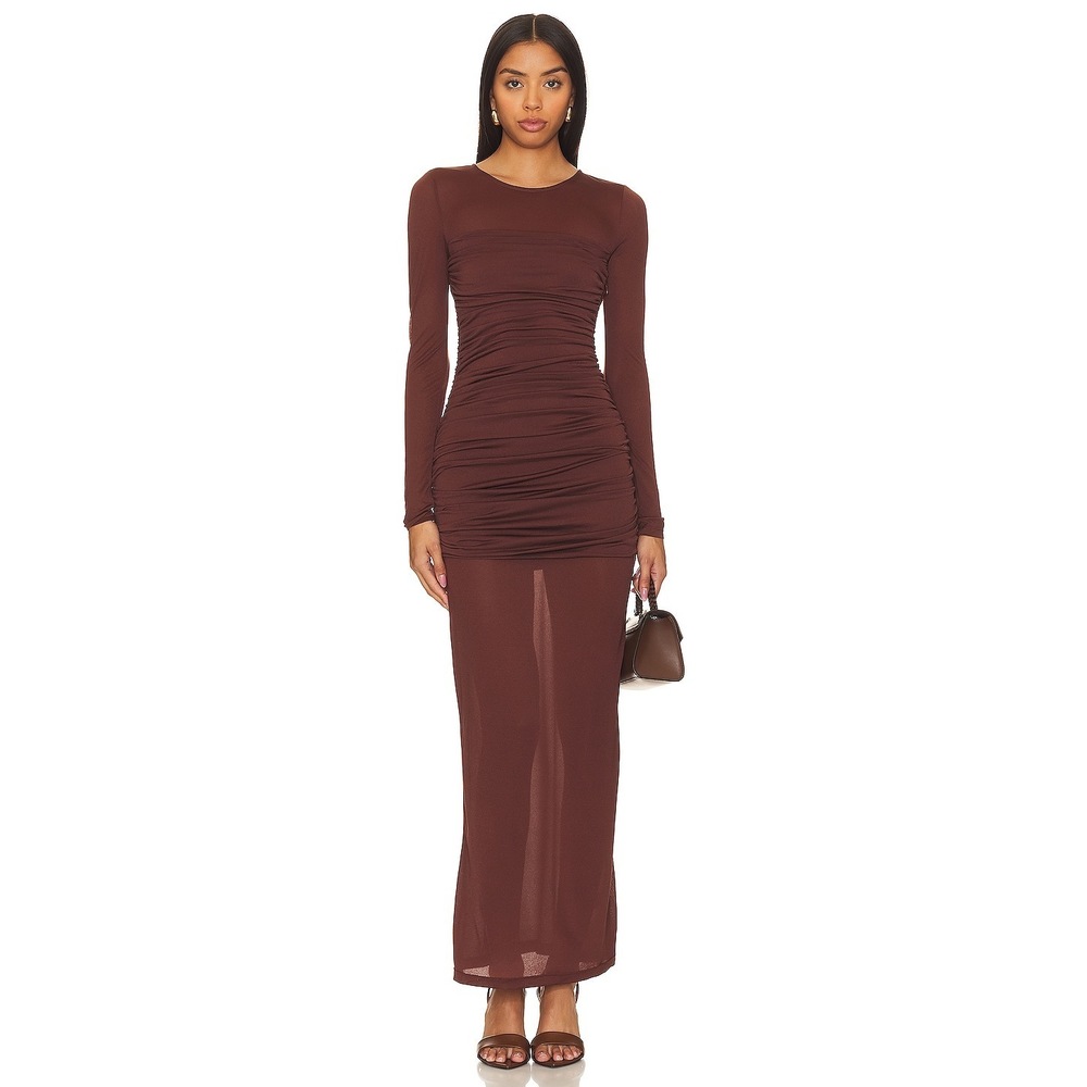 New L'Academie Alma Dress in Brown maxi long sleeve ruched